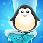 Un pinguin desenat stă pe un bloc de gheață crăpat, având un fundal albastru luminos