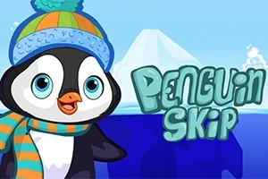 Pinguin drăguț cu fes și fular colorate pe fundal de peisaj polar cu gheață, alături de textul Penguin Skip