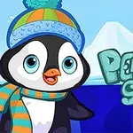 Pinguin drăguț cu fes și fular colorate pe fundal de peisaj polar cu gheață, alături de textul Penguin Skip