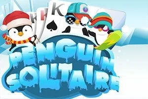 Trei pinguini cu accesorii de iarnă și ochelari sunt desenați deasupra unui text albastru înghețat, cu un fundal de cărți de joc