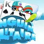 Trei pinguini cu accesorii de iarnă și ochelari sunt desenați deasupra unui text albastru înghețat, cu un fundal de cărți de joc