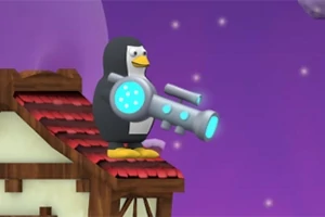 Un pinguin pe acoperișul unei clădiri ținând o armă futuristă, cu un fundal violet și stele sclipitoare