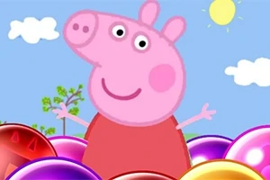 Un personaj animat roz, asemănător unui porc, stă între bile colorate pe un fundal cu cer albastru, soare și nori