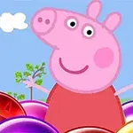 Un personaj animat roz, asemănător unui porc, stă între bile colorate pe un fundal cu cer albastru, soare și nori