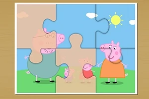 Puzzle cu patru personaje animate stilizate pe un fundal de cer albastru cu soare