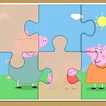 Puzzle cu patru personaje animate stilizate pe un fundal de cer albastru cu soare
