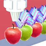 Un dispozitiv aplică glazură multicoloră pe mere roșii și verzi pe un fundal roz