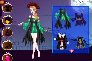 Personaj feminin într-o ținută de vrăjitoare cu fundal de noapte de Halloween și diverse opțiuni de costum