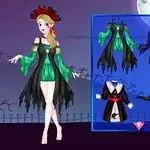 Personaj feminin într-o ținută de vrăjitoare cu fundal de noapte de Halloween și diverse opțiuni de costum
