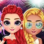 Trei personaje animate cu păr colorat și ochi mari, îmbrăcate festiv, cu artificii în fundal