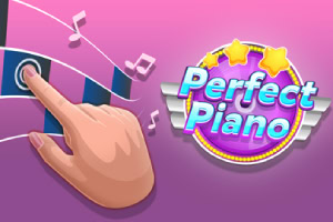 Logo-ul Perfect Piano pe un fundal roz, cu două stele galbene deasupra, un inimioară roșie și o mână indicând în colțul din dreapta jos