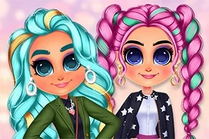 Două personaje animate cu păr colorat vibrant și machiaj accentuat, stând alături pe un fundal roz pastelat