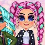 Două personaje animate cu păr colorat vibrant și machiaj accentuat, stând alături pe un fundal roz pastelat