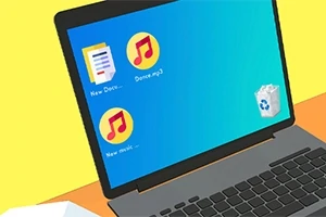 Imaginea arată un laptop cu un ecran albastru pe care sunt afișate două fișiere muzicale și un document, alături de un coș de reciclare