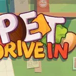 Textul PET DRIVE IN în culori vii, acompaniat de elemente stilizate de mâncare în fundal