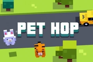 Un iepure și un tigru stilizat pixel art lângă un drum cu un taxi și copaci verzi, cu textul PET HOP