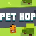 Un iepure și un tigru stilizat pixel art lângă un drum cu un taxi și copaci verzi, cu textul PET HOP