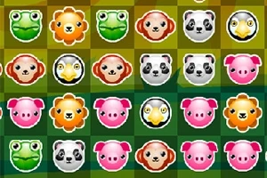 Grilă colorată cu fețe de animale stilizate, printre care broaște, lei, ursuleți panda, oi, struți și porci