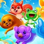 Cinci animale colorate și vesele, inclusiv o broască verde, un elefant albastru, un câine galben, un porc mov și o vulpe roșcată, pe un fundal albastru cu nori și linii de mișcare