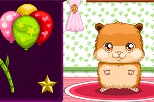 Un hamster drăguț stă pe un covor roșu într-o cameră decorată cu un tapet floral și un tablou cu baloane colorate și o stea aurie în partea stângă
