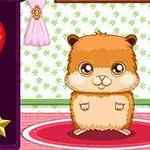 Un hamster drăguț stă pe un covor roșu într-o cameră decorată cu un tapet floral și un tablou cu baloane colorate și o stea aurie în partea stângă