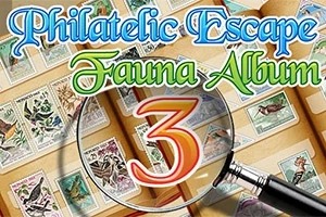 O lupă mare are peste un album de timbre cu imagini de faună, iar textul Philatelic Escape Fauna Album 3 este scris deasupra