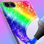 Husă de telefon cu design curcubeu sclipitor, in timpul colorării cu un marker albastru