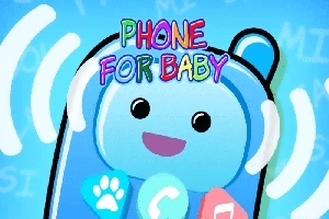 Telefon animat cu față zâmbitoare și butoane colorate pe un fundal albastru