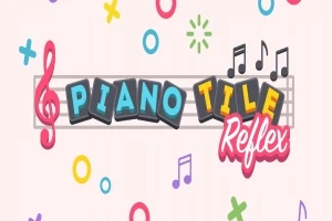 Siglă colorată cu textul Piano Tile Reflex înconjurată de simboluri muzicale și forme geometrice