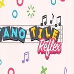 Siglă colorată cu textul Piano Tile Reflex înconjurată de simboluri muzicale și forme geometrice
