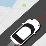 Mașină albă pe o șosea cu un punct roșu conectat printr-o linie punctată