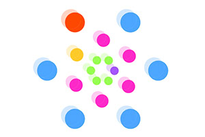Cercuri colorate de dimensiuni variate, aranjate simetric pe un fundal alb