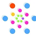 Cercuri colorate de dimensiuni variate, aranjate simetric pe un fundal alb