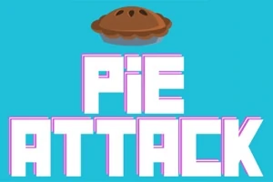 Text mare PIE ATTACK pe un fundal albastru, cu o plăcintă ilustrată deasupra