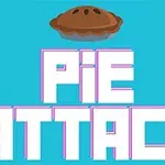 Text mare PIE ATTACK pe un fundal albastru, cu o plăcintă ilustrată deasupra