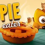 Un personaj animat cu ochi mari privește cu poftă o plăcintă aburindă pe o masă, lângă textul PIE eater
