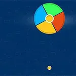 Cerc împărțit în patru secțiuni colorate (albastru, verde, roșu și galben) pe un fundal albastru cu simboluri geometrice