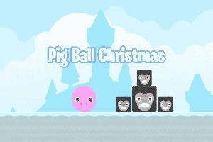 Minge roz cu față zâmbitoare și blocuri negre cu chipuri într-un peisaj de iarnă albastru deschis, cu un castel și textul „Pig Ball Christmas” în fundal
