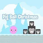 Minge roz cu față zâmbitoare și blocuri negre cu chipuri într-un peisaj de iarnă albastru deschis, cu un castel și textul „Pig Ball Christmas” în fundal