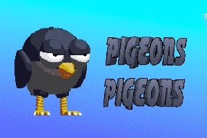 Porumbel stilizat cu ochi mari și galbeni pe un fundal albastru, alături de textul PIGEONS