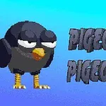 Porumbel stilizat cu ochi mari și galbeni pe un fundal albastru, alături de textul PIGEONS