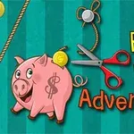 Un purceluș roz cu o monedă deasupra, o foarfecă roșie și inscripția Adventure pe un fundal verde cu dungi verticale