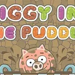 Un porc roz cu pete maro stă într-o băltoacă, cu litere colorate deasupra capului care formează un titlu
