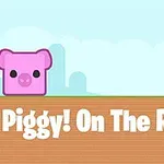 Un personaj pătrat roz cu urechi și nas similar unui purcel, stând pe o platformă lângă o ușă maro închis cu un fundal albastru deschis, având textul Piggy!