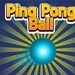 Fundal albastru cu un design radial, o minge albastră centrală și textul Ping Pong Ball deasupra, flancată de două bare verticale, una galbenă și una roșie