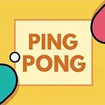 Palete de ping-pong colorate și o minge pe un fundal galben cu textul PING PONG în centru