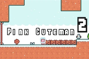 Personaj pixelat în costum roz cu numele Pink Cuteman 2 afișat pe un fundal cartoon cu elemente albe și portocalii