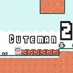 Personaj pixelat în costum roz cu numele Pink Cuteman 2 afișat pe un fundal cartoon cu elemente albe și portocalii