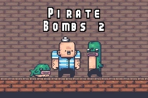Un personaj pixelat îmbrăcat în stil de marinar este însoțit de două creaturi verzi pe o platformă din cărămidă, cu textul Pirate Bombs 2 deasupra