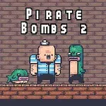 Un personaj pixelat îmbrăcat în stil de marinar este însoțit de două creaturi verzi pe o platformă din cărămidă, cu textul Pirate Bombs 2 deasupra